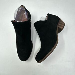 Lucky Brand Brett Black Suede Ankle Booties Women’s Sz 9 Side Zip Block Heel